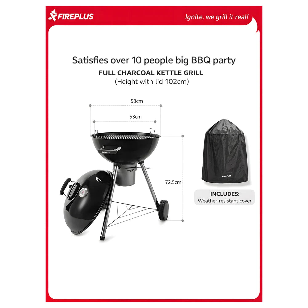Charcoal BBQ Grill with Thermometer 53cm - Fireplus