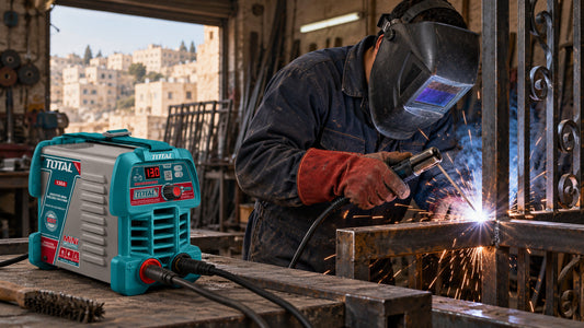 Welder in a helmet welding a steel gate in a metal workshop with sparks flying