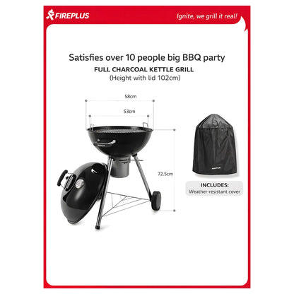 Charcoal BBQ Grill with Thermometer 53cm - Fireplus