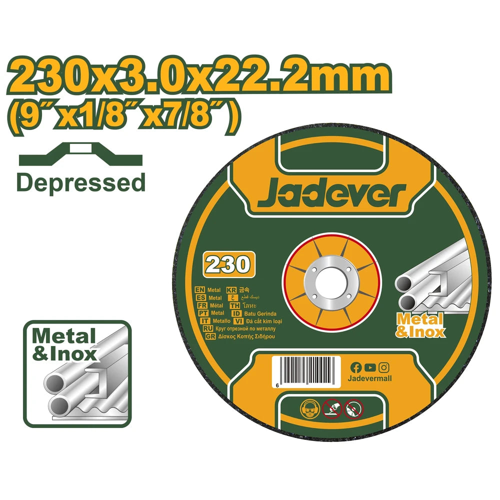 Abrasive Metal Cutting Disc 230mm 3.0mm 1/8" 22.2mm 7/8" - JADEVER