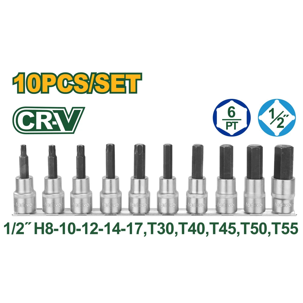 10 Pcs 1/2" Bit Socket Set - JADEVER