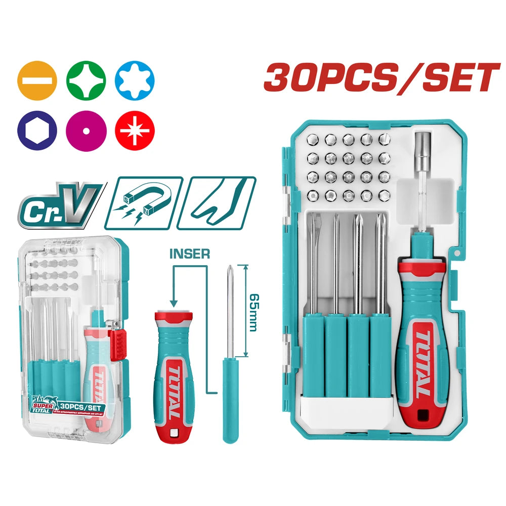 30 Pcs Interchangeable Screwdriver and Bits Set - TOTAL