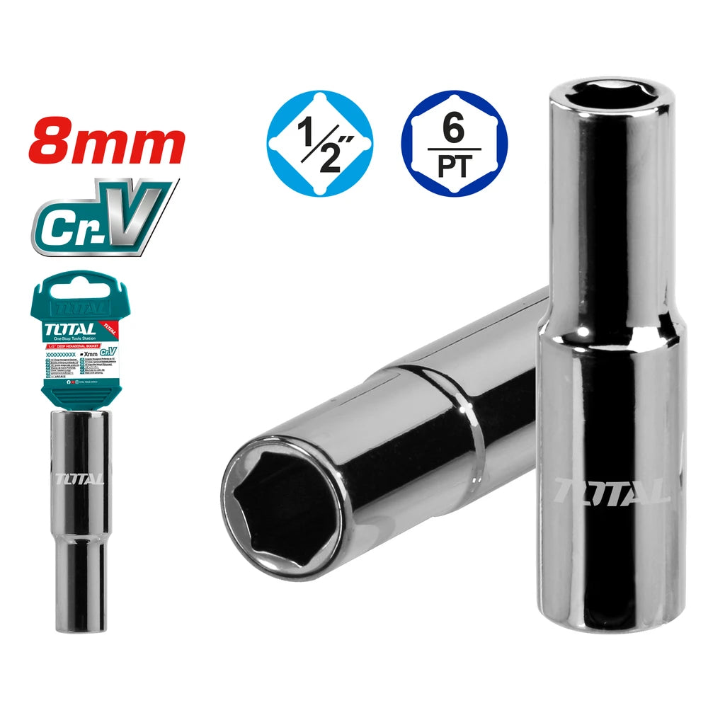 1/2" Deep Hexagonal Socket Cr-V(50BV30) 8mm - TOTAL
