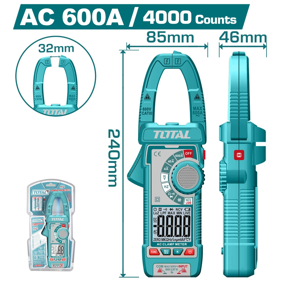 Digital AC Clamp Meter 4.000V/40.00V/400.0V /600V - TOTAL